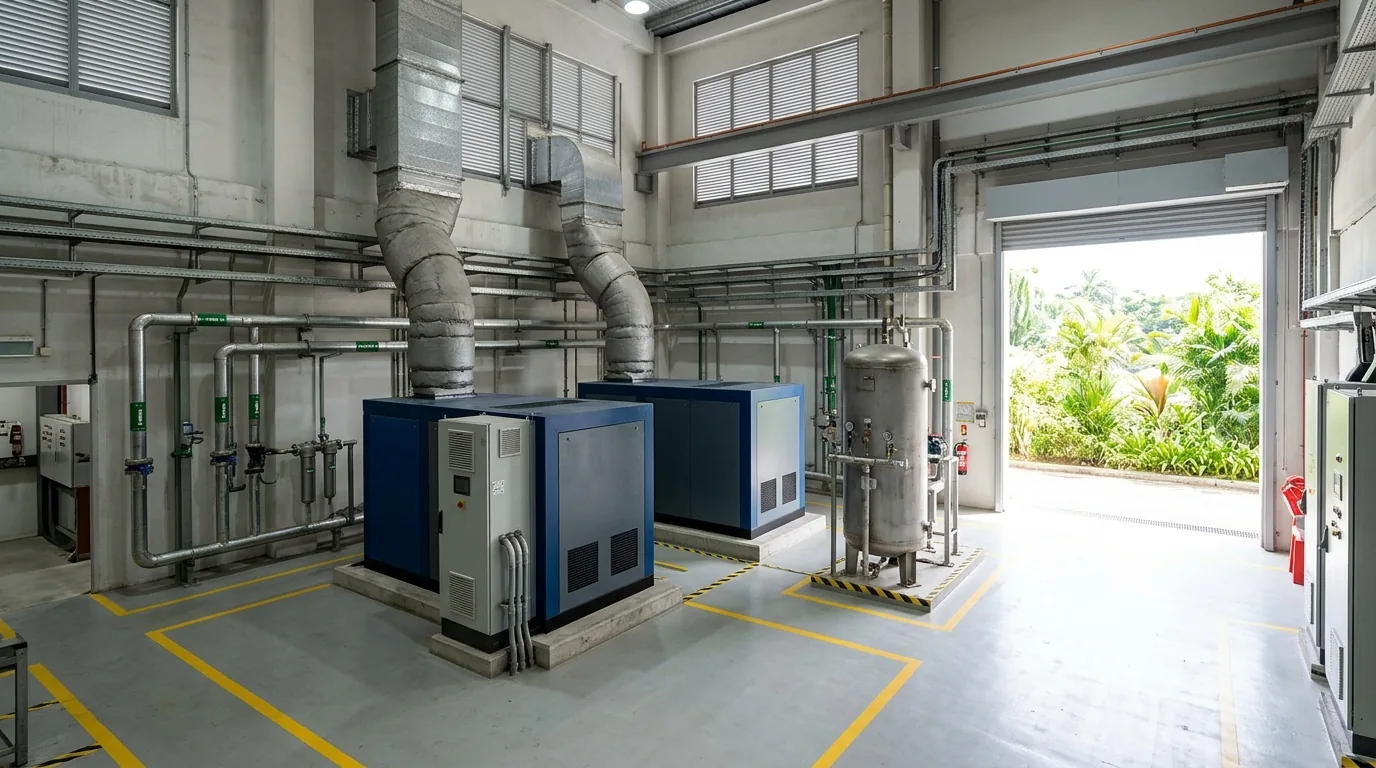 Two rotary screw air compressors with an air receiver and compressed air pipework in a ventilated plant room